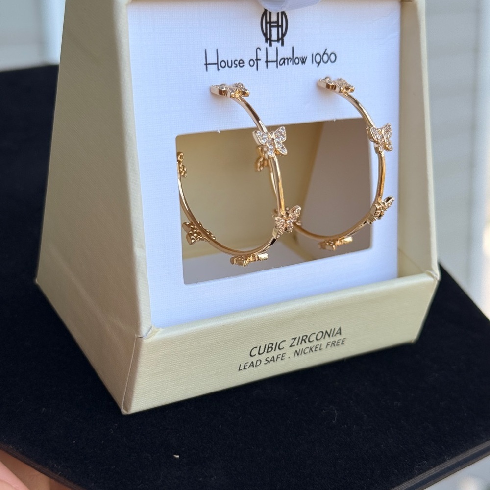House of Harlow 1960 Gold Butterfly Hoop Earrings - Picture 5 of 7